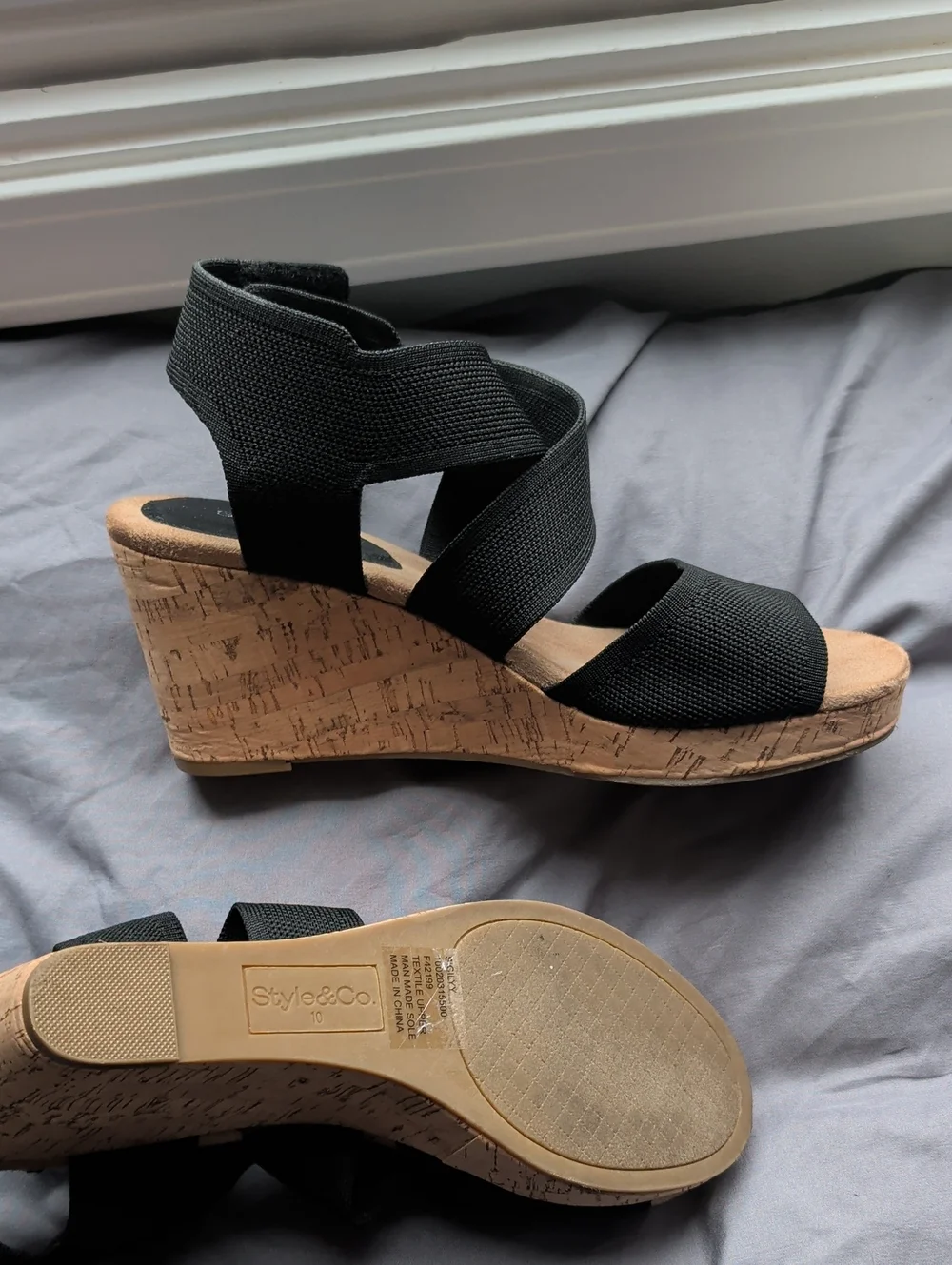 Style & Co. Black Elastic Strap Cork Wedge Sandals